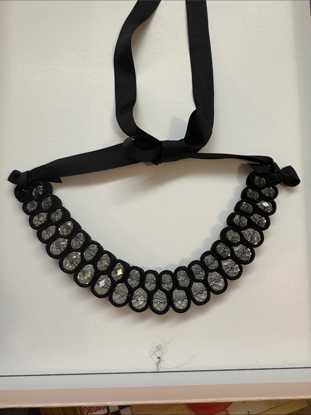 Black Ribbon and Crystal Statement Necklace